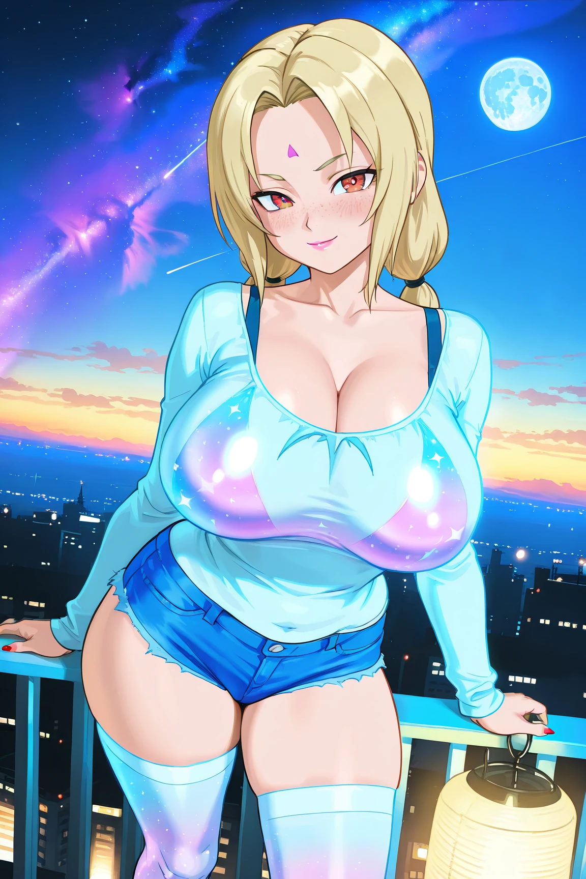 matsumoto rangiku (bleach), sexy woman, mature milf, big breasts, curvy, nude, nipples, pussy, down twintails, shining skin, sweating, smile, standing, rooftop, city scenary, outdoors, night time, moon and stars