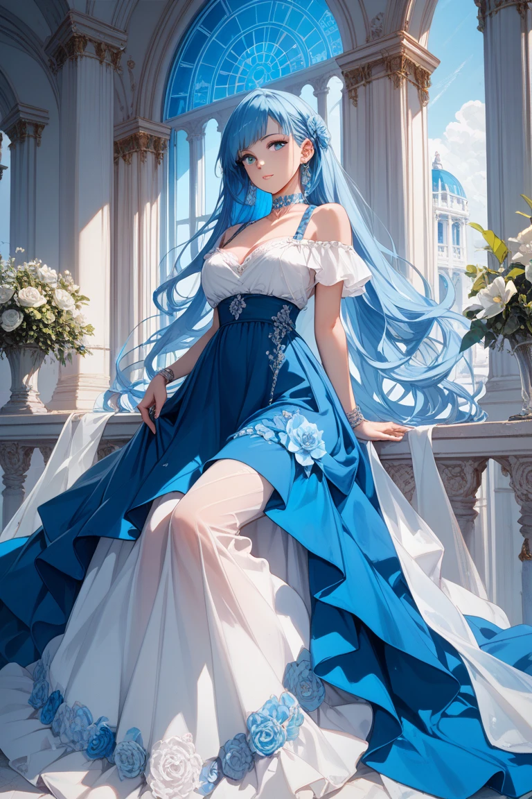 ((Highest quality)),(Ultra-high resolution),Flared skirt dress,High neck、The material of the dress is deep blue roses、Highly detailed CG Unity 8k wallpaper, , Earrings, Blue hair, Curly Hair, Blunt bangs, Straight bangs, Blue eyes, White skin, Gal, One person、Her flat chest is hidden by her dress