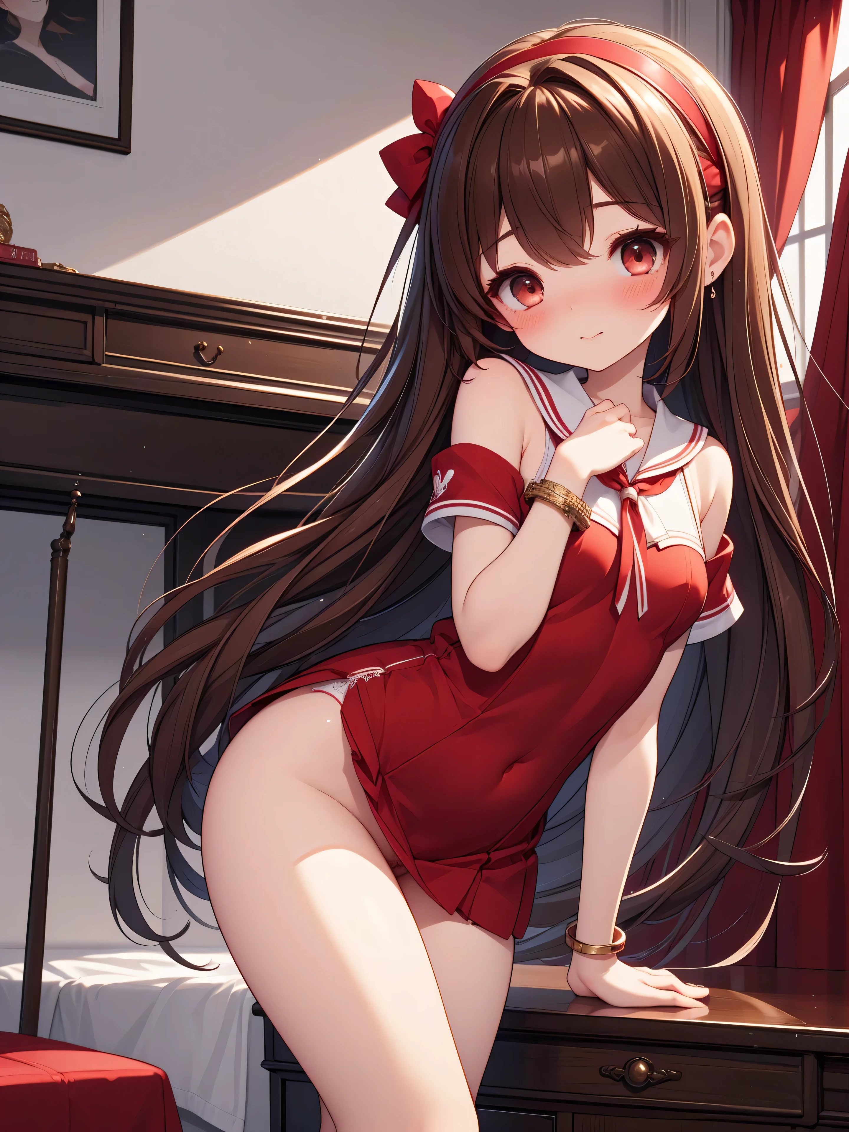 (masterpiece, best quality)),high resolution, highly detailed, detailed background,8k,16k,perfect lighting,detailed beautiful eyes,1girl,solo,embarrassed,blush,look at viewer,steam,sweat, show off pussy, bottomless,standing,(cowboy shot,from front),from below,skirt lift,spoken heart,seductive smile,open mouth,,perfect fingers,(slender:1.2),fu tao,twintail,(flat chest:1.2),short stature,flower shaped pupils,short stature,over size head,(swimwear,sea,sky,summer)