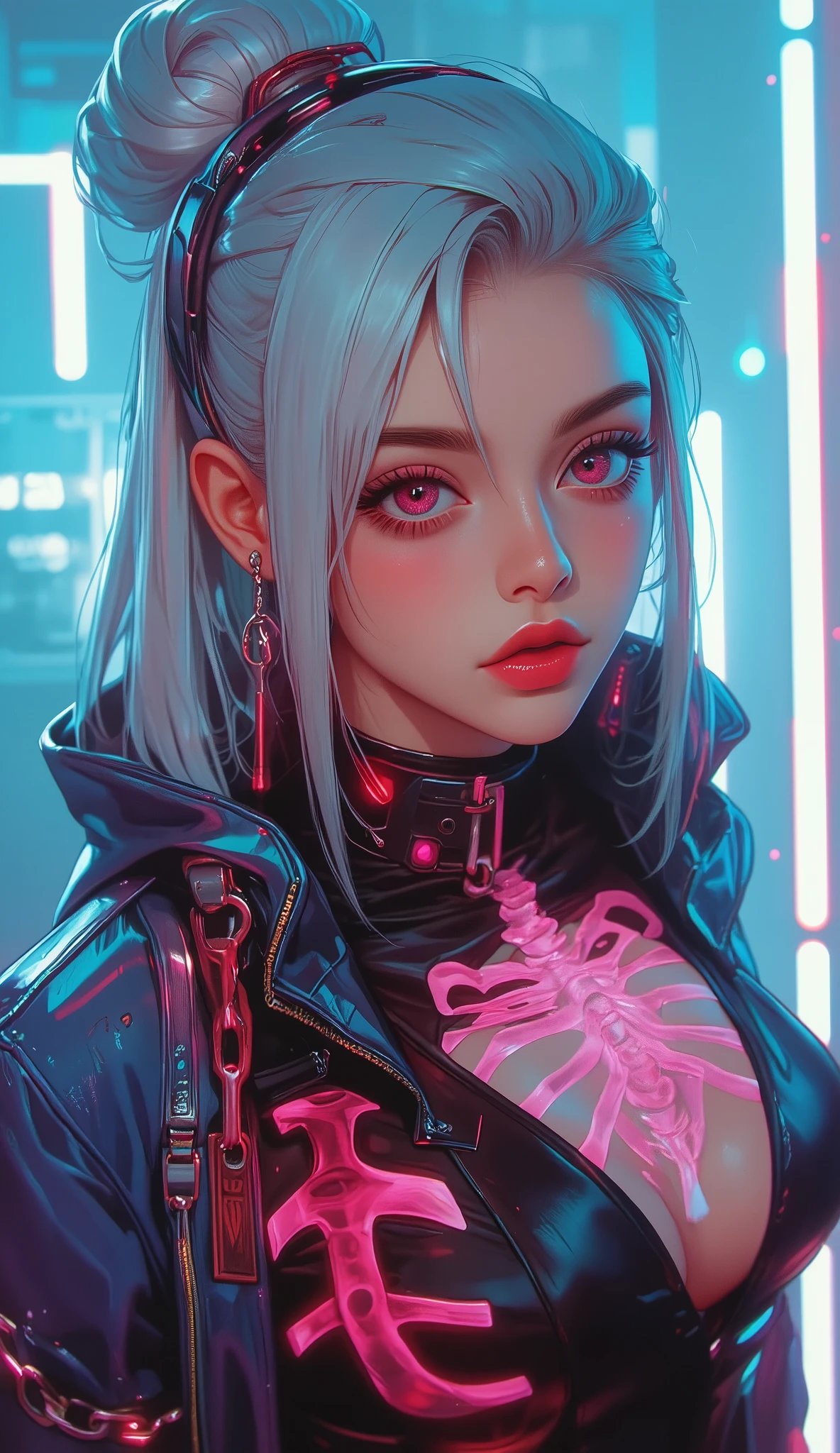 ((ZPdXl3)), ( score _9), ( score _8_up, score _7_up), girl, L0LSPLH, 2024, 2023, Western Studio , sixmorevodka , G0thicPxl,Real movie style, Highly detailed digital illustration , narrates a stunning cyberpunk female's ribs and lock bone neon lights , skin is porcelain-like skin , Slim and muscular ,and ferocious , confident electronics[[Xpression 。 Her long GRandandN hair tied to a tall messy bun, with loose straps forming her face 。 [[X} She wears a PURPLand tank top , and[Xhibit There is a contestable aesthetic , showing a Intricate Biomechanical Tattoo , similar to a circuit , neon cord 。In handR , She wears an embedded LandD light strip , bare wire and a GRandandN coat with a reinforced coating , issuing a high-tech , 。 a bulky robot, CLOSand UP, LandANING AGAINST THand WALL