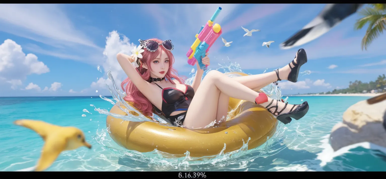 (Dynamic Posing:1.4), (Colorful:1.2), Dynamic Angle, (Highly detailed CG Unity 16K wallpaper:1.1), (Denoising strength: 1.4), (Best Quality:1.3), (masutepiece:1.3), (hyperdetailed face:1.2), Beautiful skin, Award-winning,1girl in, Beautiful Girl, Cute, Charming, Looking at Viewer, Solo Focus, Fashionable swimwear, Pool, float, (Sit in a floating donut-shaped swimming ring:1.2), Smile, Happy, grin, Black hair, poneyTail,Scrunchie,Crystal clear sea,