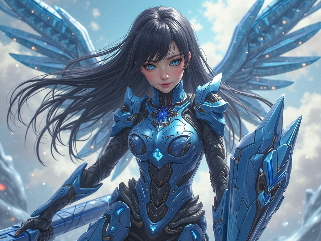 ((Highest quality))、((masterpiece))、(detailed)、((Anatomically correct))、One Woman、aldult、(look at me)、whole body、jump、Angle from the front、(Ultra-glossy skin with attention to detail:1.1)、Glowing Skin、bangs、Short Hair、Beautiful black hair、(Beautiful Eyes:1.3)、Slim figure、medium breasts、Cleavage、headgear、Arm Armor、Mechanical wings from the back、Blue core in center of chest、Holding a futuristic gun、Future City、battlefield