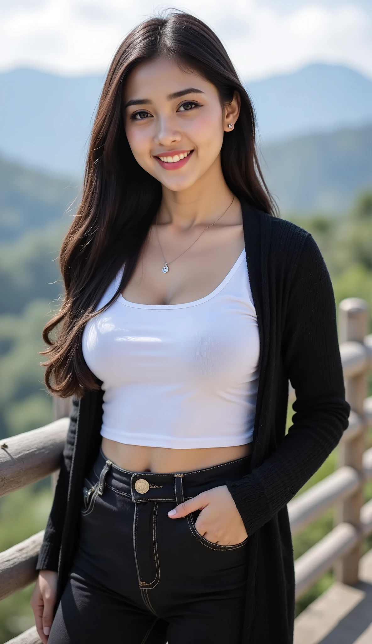 A beautiful indonesian female with long tangled hairstyle, 25 years old. indonesian face, highly detailed beautiful face and eyes, attractive face, charming face, Full body, chubby body, white skin, medium breasts, cleavage, anatomically correct, long tangled hair, black hair, hair covers ears. Wearing black jeans, white t-shirt and black cardigan, necklace. Background overlooking a beautiful mountains in afternoon, blue light in the sky. Standing on the edge of bridge, facing forward, look at viewer, smile showing teeth. Ultra detailed body, highly detailed appearance, hyper quality image. Highly detailed background. Hyper resolution. Ultra high realistic image. 16k. Ultra detailed