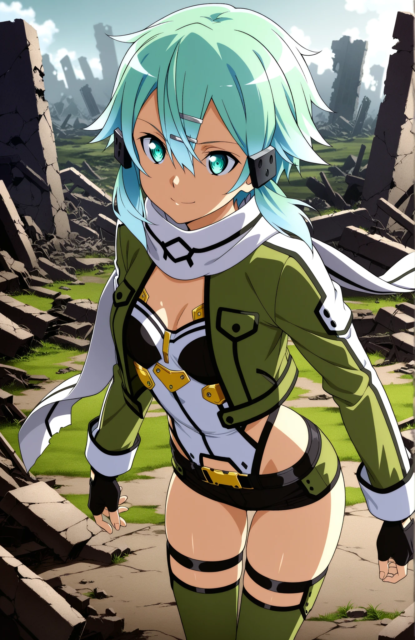 best quality, amazing quality, very aesthetic, absurdres, (1girl, sinon, sword art online, aqua eyes, aqua hair, medium breasts), (realistic face:0.9),(thong:1.8),dress lift, (grin, blush, thigh:1.3), (cowboy shot), (glistening eyes), (half closed eyes:0.9), (), (official art:1.3), (panties around one leg), expressive eyes, perfect face, 4k, extremely detailed anime illustration, extremely detailed eyes, perfect anatomy, light rays, extremely delicate body, smooth skin, (anime background:1.5), clear eyes, beautiful face, small breasts,(anime style:1.6), (Warm Light:1.5), (highres:2),