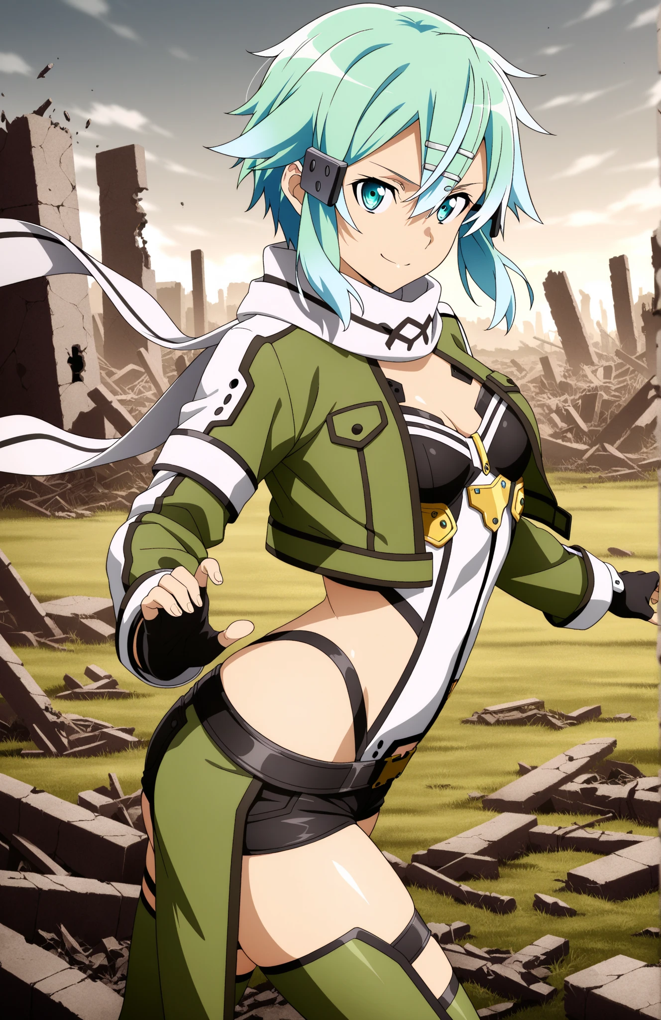 (masterpiece), best quality, expressive eyes, perfect face, highres, sinon1, scarf, fingerless gloves, long sleeves, short shorts,groin, hair ornament, hairclip, green thighhighs, green jacket,covered_nipples, thigh strap, field, sunset_ruins_landscape_background, ruined structures, dynamic_posing, looking at the viewer,,covered_navel,