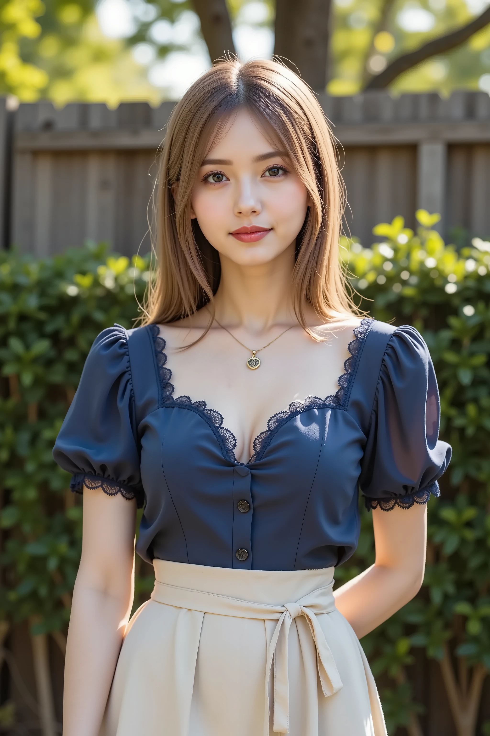 firm and big breasts, cleavage, gold hair, A realistic photographic composition framed from just below the shoulder of a female subject standing outdoors before a rustic wooden fence and lush green hedge, ensuring her entire head is fully visible within the frame without cropping at the top. She wears a vintage-inspired cottagecore maid ensemble: a soft navy-blue chiffon blouse with a rounded Peter Pan collar edged in scalloped eyelash lace, the snug bodice lifting and compressing her firm, full breasts into a wide, dramatic cleavage line framed by underbust seam shaping and princess seams, taut tension folds radiating outward and specular highlights tracing the rounded contours just below the shoulder straps. The blouse features short flutter sleeves with matching lace trim, each softly billowing and revealing subtle chiffon translucency and fine topstitch detailing. Around her waist is tied a crisp white cotton apron with a wide waistband and bow at the back, the bib portion stretching across her bust to reinforce the emphasized cleavage, secured by narrow shoulder straps, and the lower skirt of the apron extending beneath the frame’s edge. She wears a simple antique brass locket necklace resting at the base of her throat, the pendant sitting just above the cleavage line and the chain’s patina and fine links rendered crisply. Beneath, a high-waisted pale linen skirt with knife pleats flares outward from her narrow waist, each pressed pleat catching soft natural light and showing linen fiber texture; the hem falls just below mid-thigh to reveal the top of lace-trimmed stockings. Behind her, the background reveals weathered horizontal oak planks with visible knots and grain patterns, and a dense boxwood hedge with sun-dappled leaves. Midday sunlight filters through overhead tree canopy, casting soft leaf-shaped shadows on fence and ground. The scene is captured at eye level using an 85 mm equivalent prime lens at f/2.2 on a full-frame sensor, producing a shallow