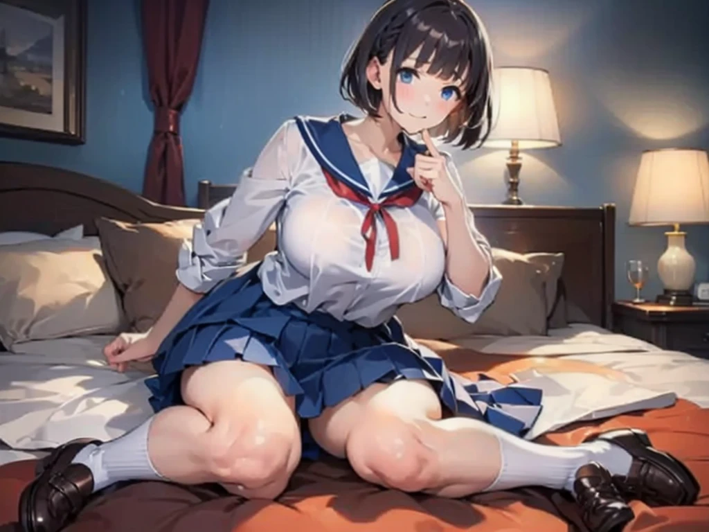 18-year-old,shiny navy hair,short hair,Yellow Eyes,Large Breasts,Small waist,Big Ass, , See-through sailor suit,Navy blue mini skirt,Black underwear,garter belt, ,Split,,Delighted,Feels good,Penetration Sex,Creampie Sex,Various positions