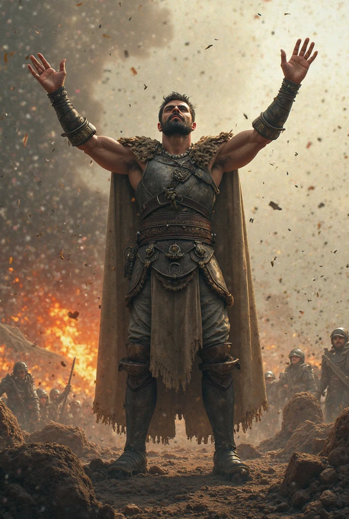 Ares with the head of a dragon in one hand and a war background 4K