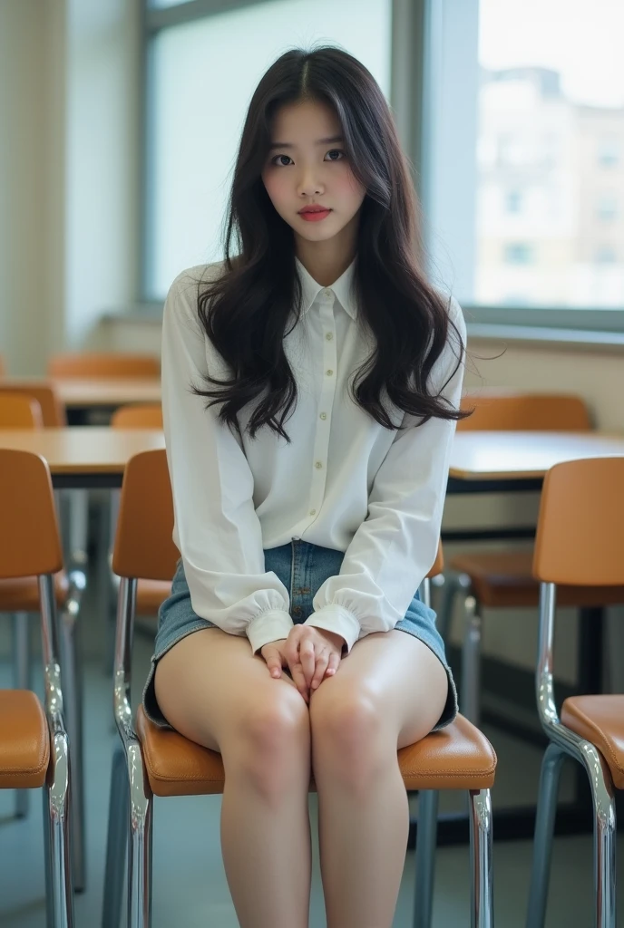 Photorealistic, live action, pale light, 22 year old beautiful gravure idol, white blouse, blue skirt, loose wavy black hair, white ankle socks, high heels, library background --auto --s2
