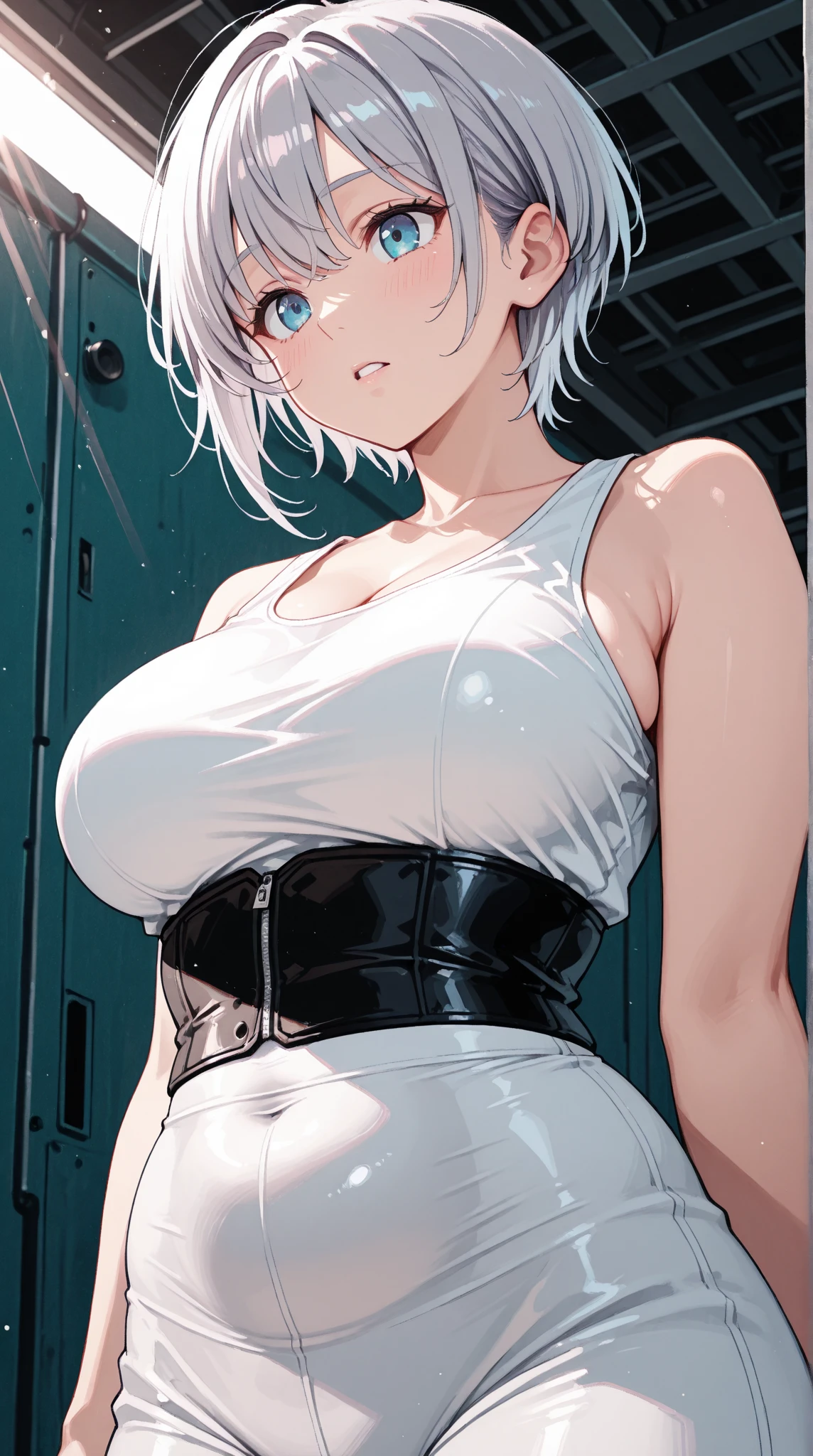 (best quality,4k,8k,highres,masterpiece:1.2),ultra-detailed, realistic, sexy grey-eyed girl looking at the viewer with her short grey hair flowing, dressed in a white shirt and short pants, medium size breast.