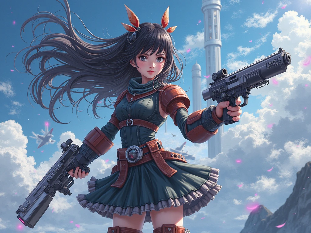 masterpiece, best quality, a cute girl smiling, intergalactic hero, science fiction, riding a mecha, (action:1.2), cloak, (Gatling gun:1.2), glowing, alien environment ,