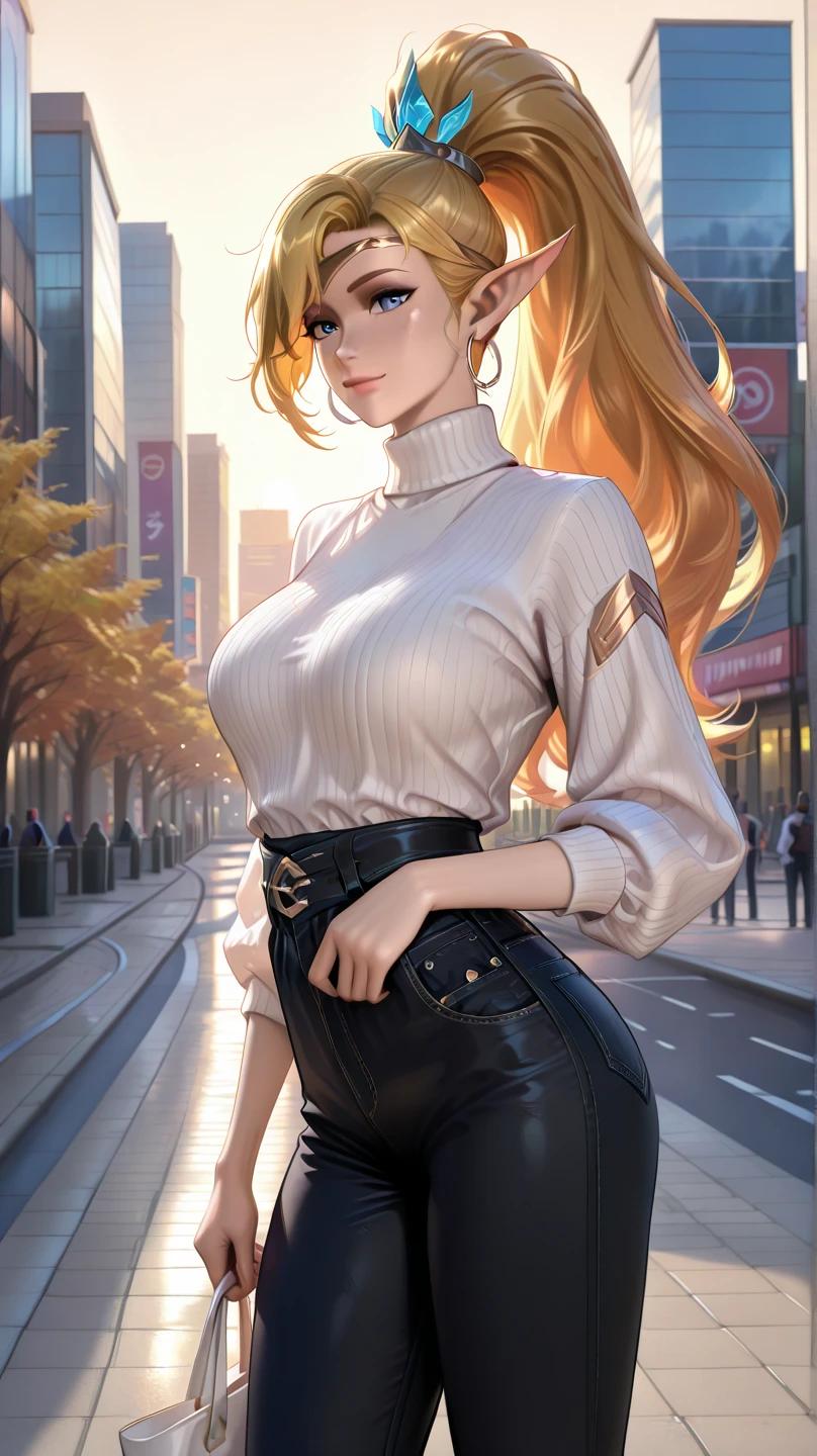 masterpiece, best quality, best lighting, shadows, perfect anatomy, 1 girl, adult anime girl, 21 years old, mature features, pretty face, pretty lips, pretty eyes, blond hair, ponytail style, black eyes, seductive eyes, blushing, flirty, pretty smile, tight black short pants, red tight shirt, street background, ass, breast, thighs, seductive, spicy, hot, flirty, nsfw,