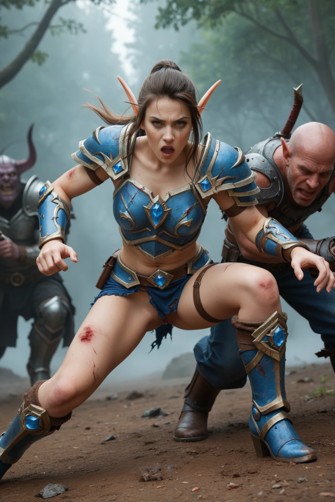 Very attractive female elf wizard standing with dragon warriors. Action figure. Realistic Miniature. Dark battlefield diorama as background. Dust and debris everywhere, fire on the ground. Tenebrism. Chiaroscuro. 8K. Octane render. Extremely detailed, Cinematic. Macro photography, Tilt shift effect. Photographic realism.