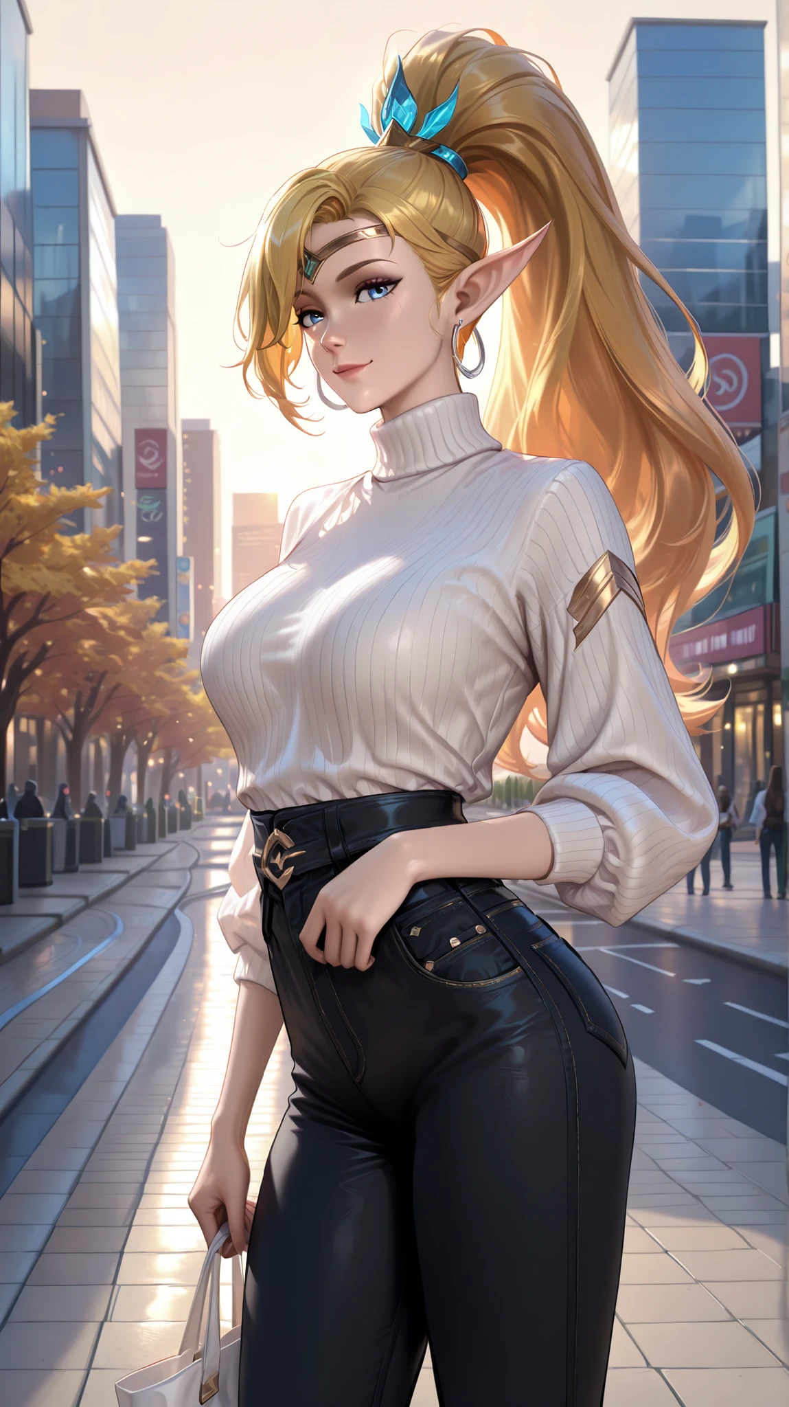 masterpiece, best quality, ultra-detailed, absurdres, newest,1girl, solo,miyapriestess, long hair, blonde hair, blue eyes, hair ornament, elf,high ponytail, pointy ears, casual outfit, white turtleneck sweater, black skinny jeans,  silver hoop earrings, standing on city sidewalk, holding a tote bag, confident expression, soft autumn breeze, golden hour lighting