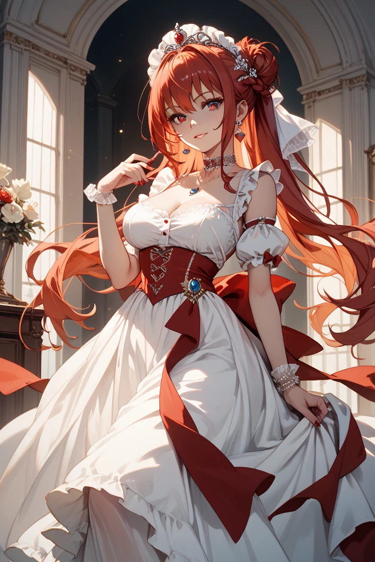 highest quality, ultra high resolution, super detailed, gorgeous, masterpiece, best quality, high resolution finely detailed, extremely beautiful, distinct image, flowing peach-red hair with twin-tails  and white highlights, frilly off-shoulder blouse, pleated skirt, 1 young woman, 21 years old, soft and cute facial features, oval shaped face, beautiful sapphire colored eyes, innocent eyes, E-cup breasts, short height(160cm), slim thick body, narrow waist, modern times background, lightly tanned alabaster skin, hip-level shot