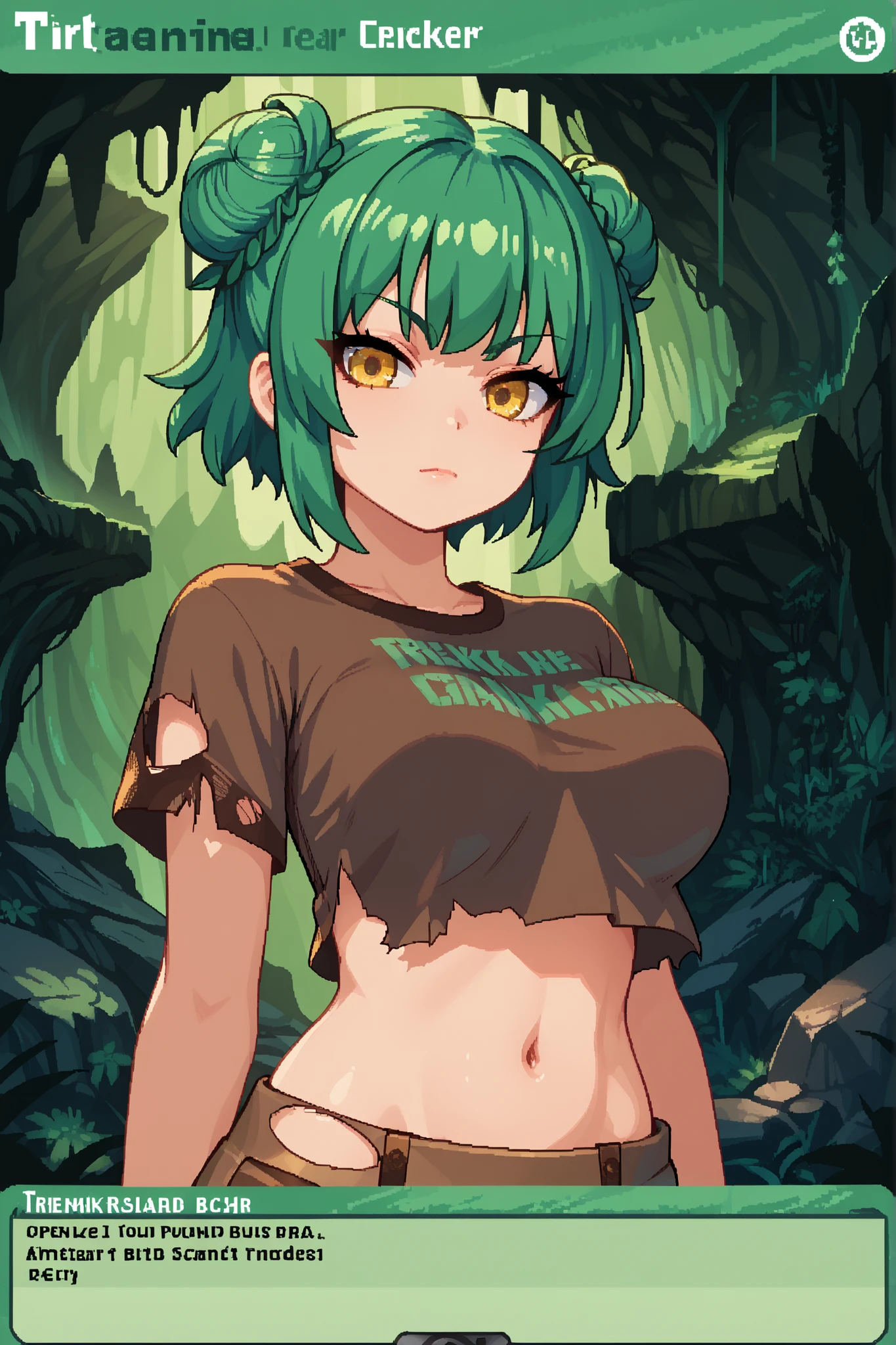 score_9, score_8_up, score_7_up, source_anime, solo, pixel art, tr4dingcard, card (medium), english_text, N, trading_card, white_trade_card_frames, kemonomimi, 1girl, solo BREAK
Large breasts, green hair BREAK short hair, double bun, (bun cover), yellow eyes BREAK
Viking warrior clothes, brown shirt, torn sleeves, short sleeves, midriff, torn skirt BREAK
Standing, looking at viewer, closed mouth, (upper body), portrait, cave interior, (green cave), rocks