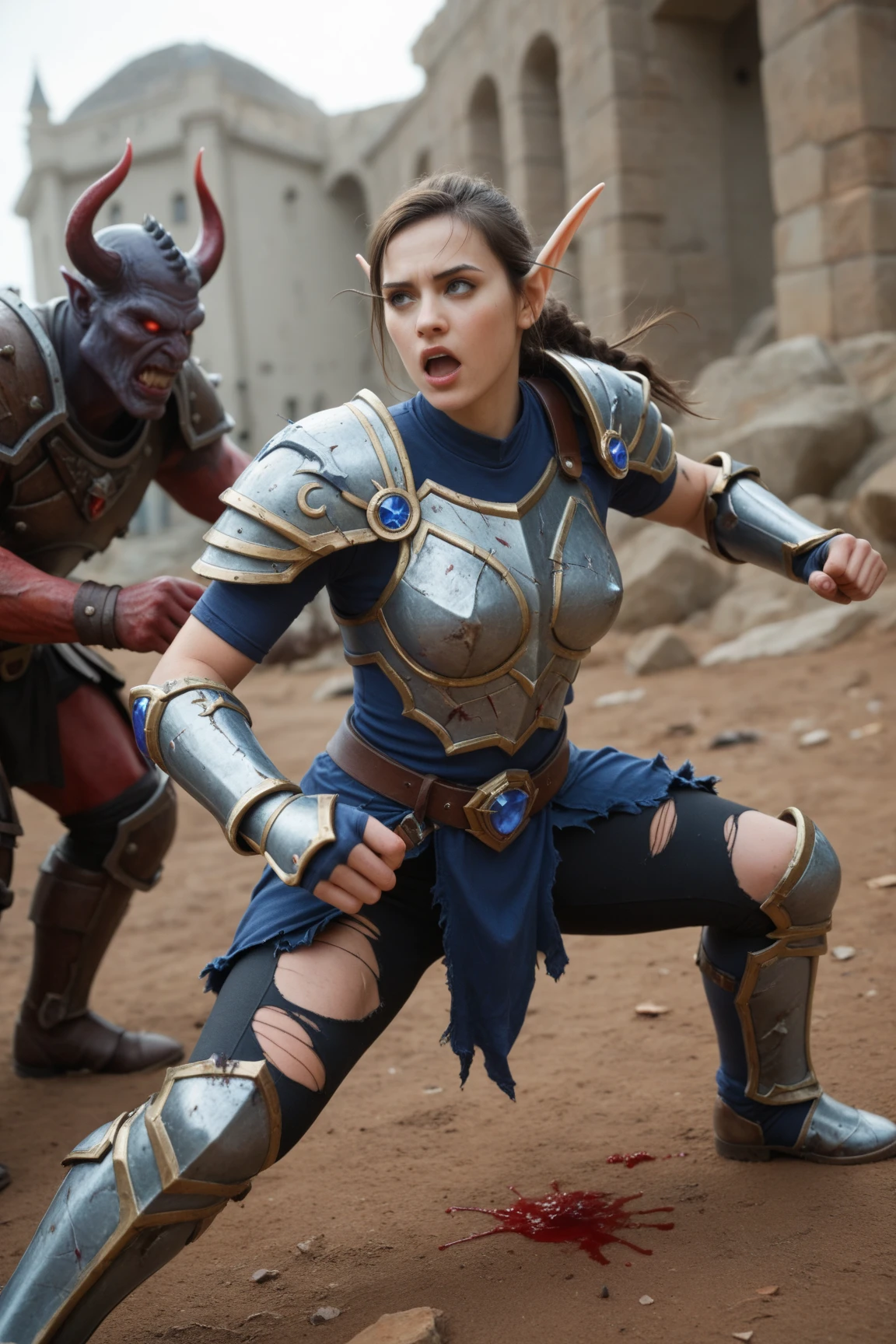 Woman warrior、(Punch)、Are standing、shout、Bullish expression、gloves、Utility Belt、Sweat、(Stone outdoor arena)、Trained biceps、Medium Hair、(Pink jersey)、Shingard、Knee pads、Shoulder Armor、Chest Armor、head band、Denim skirt、tights、Brown Hair、Elbow pads、Realistic