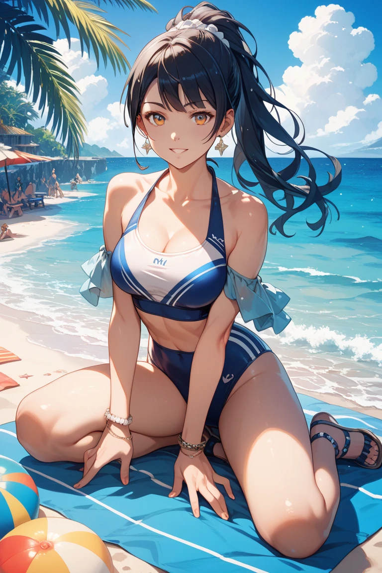 (Sweat, White skin:1.5、Aggressive Pose, ), cameltoe, Fitness, , ((Beach volleyball bikini)),Big Breasts, Sturdy body、Healthy Body、((Big Eyes in Anime)), back、Very long dark blue hair、ponytail、Squat