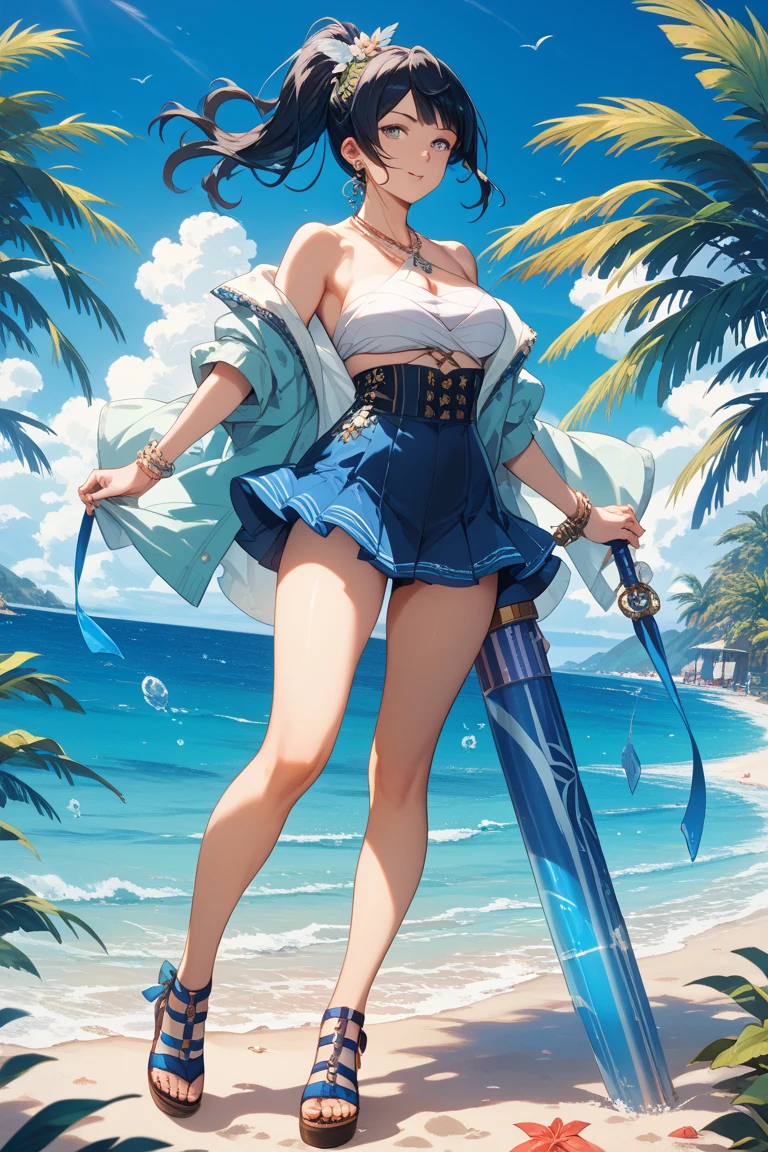 (highest quality, masterpiece, High resolution)、(concept art)、anime style、 reality、beautiful japanese woman、(1 woman)、18-year-old、(put your hands on your hips)、(Detailed depiction of a beautiful face)、smile gently、small breasts、slim body shape、medium short hair、semi-long、bun hair、Wet 水着、bikini、モノキニbikini、A pareo skirt with bold ethnic patterns and plenty of primary colors、realistic skin、Wet、full body、No zoom、No close-ups、cinematic light、Tropical shades、((blank background))、((white background))、