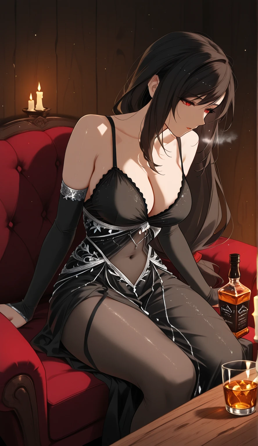 1girl,Street Art, Graffiti, Futurist,A velvet smoking jacket, silk pajama set, leather slippers, quilted velvet robe, and a crystal decanter set and whiskey glass,A modern kitchen with a large window showing a snowy landscape outside, cookies baking in the oven