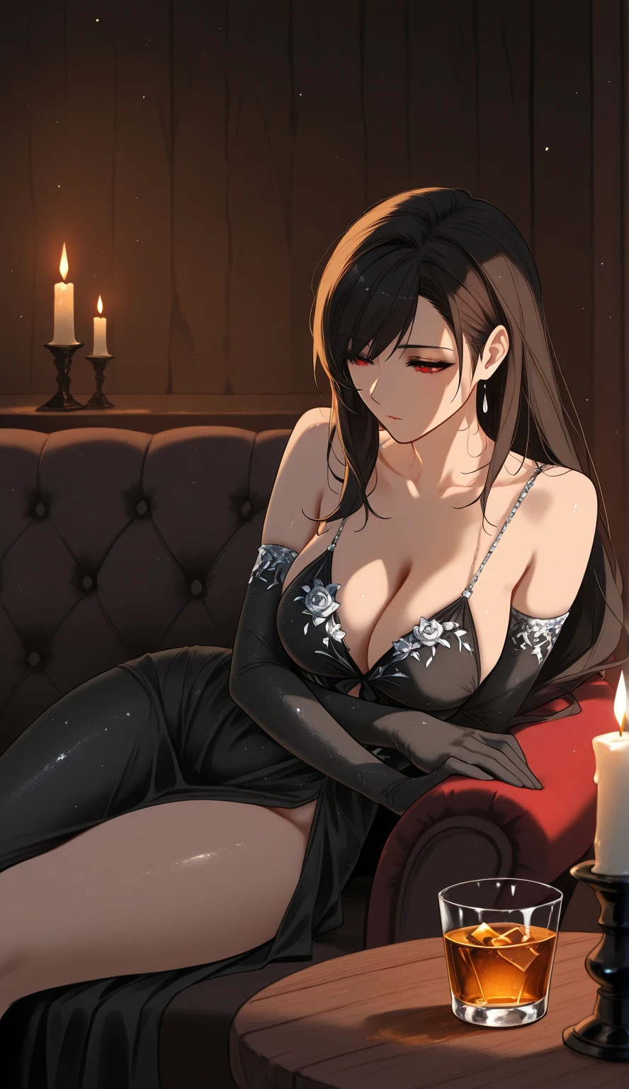(best quality,highres:1.2),ultra-detailed,realistic,dim light,succubus,tavern,black hair,silver eyes,female,sensual pose,golden ornaments,dark atmosphere,smoky haze,enticing smile,intense gaze,velvet dress,glimmering candles,ancient wooden furniture,reflections on glassware,mysterious aura,lush red lips,intimate setting,alluring presence,evening shadows,stunning beauty,seductive charm,tempting allure,innocence and seduction blend,soft flickering lights,sensual atmosphere,powerful aura,desire in the air,secretive corners,lustful atmosphere,ensnaring magic,spellbinding ambiance,glimpses of the unknown