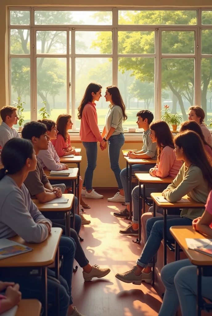 Black headscarf in class, barefoot in white long uniform, Sexy skinny female teacher kissing with a man. Other students are touching the teacher&#39;s butt.