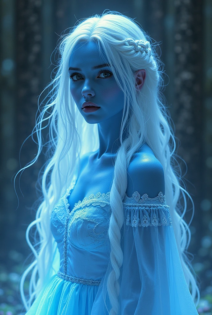 Dark blue skin. elf ears. red eyes. white hair dreadlocks pigtails. Silver jewlery. Royal winter dress.