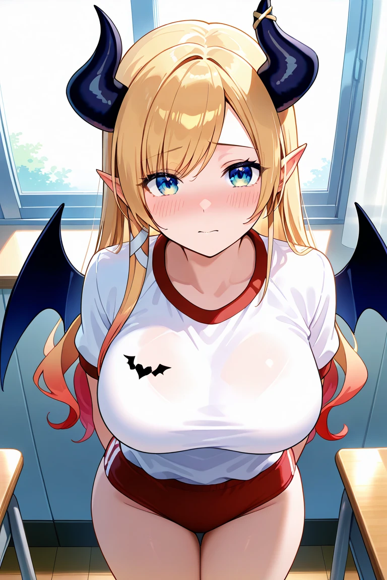 (best quality,4k,highres),sexy demon ,open denim shorts,white wet t-shirt,bare midriff,underboob,batwings,dracula fangs,looking away from viewer,portraits,vivid colors, Blonde hair,dark and atmospheric lighting, lifting her shirt to show her breasts