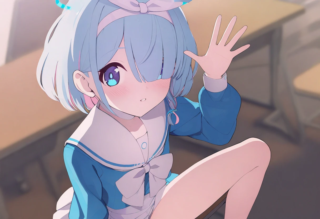 1 girl solo girl masterpiece、Top image quality、超A high resolution、nekopara vanilla 、blue hairs、、Blushing、mock、open your mouth just a little、casual clothes、casual mini skirt、wearing a small beret、Japanese amusement park