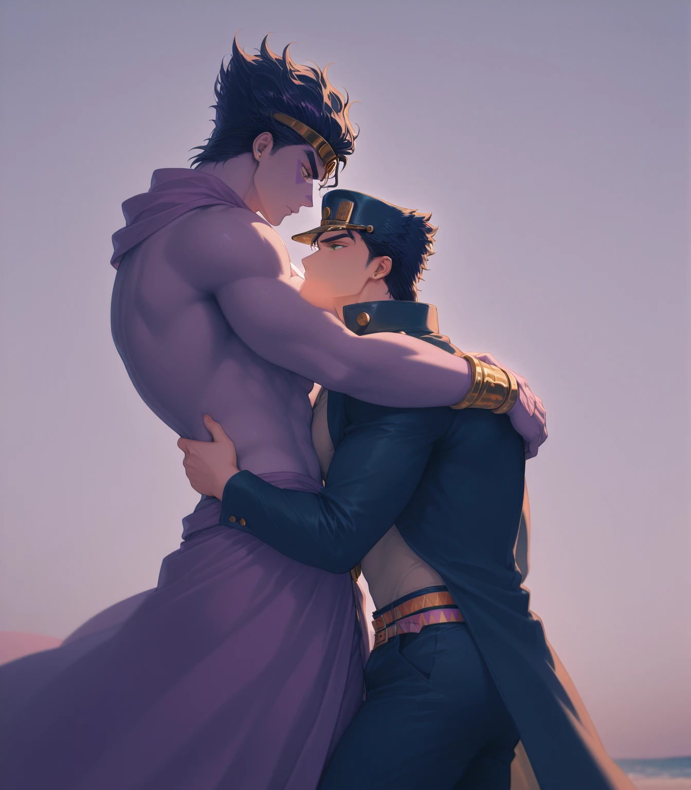 Two male teenagers. The one on the left has completely cyan skin. His hair is curly white. His eyes are yellow. His ears are pointy. He has a large pointy tail. He is wearing a costume that mixes the Beast Boy costume with the Nightcrawler costume. The other male teenager has dark green skin and purple hair. He is wearing a hooded cloak. A purple latex cape with several magical symbols. His eyes are brown. His ears are pointy. They are on top of a building at night. The two are kissing passionately. The image has to be in anime.