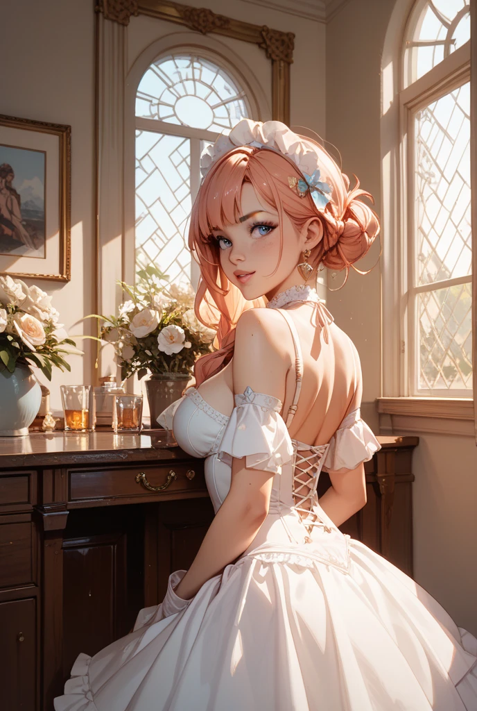 jeune fille en jolie culotte en dentelle , elle est rousse, elle a les cheveux long avec plusieurs tresses, avec les yeux vert et quelques tache de rousseur sur les paumettes, elle est très fine, sa poitrine est très fine, elle a de jolies hanches et les épaules nues, elle pose de manière sur d'elle, le dos bien cambré, elle est allongée sur un lit, dans une jolie chambre de fille bien éclairée.