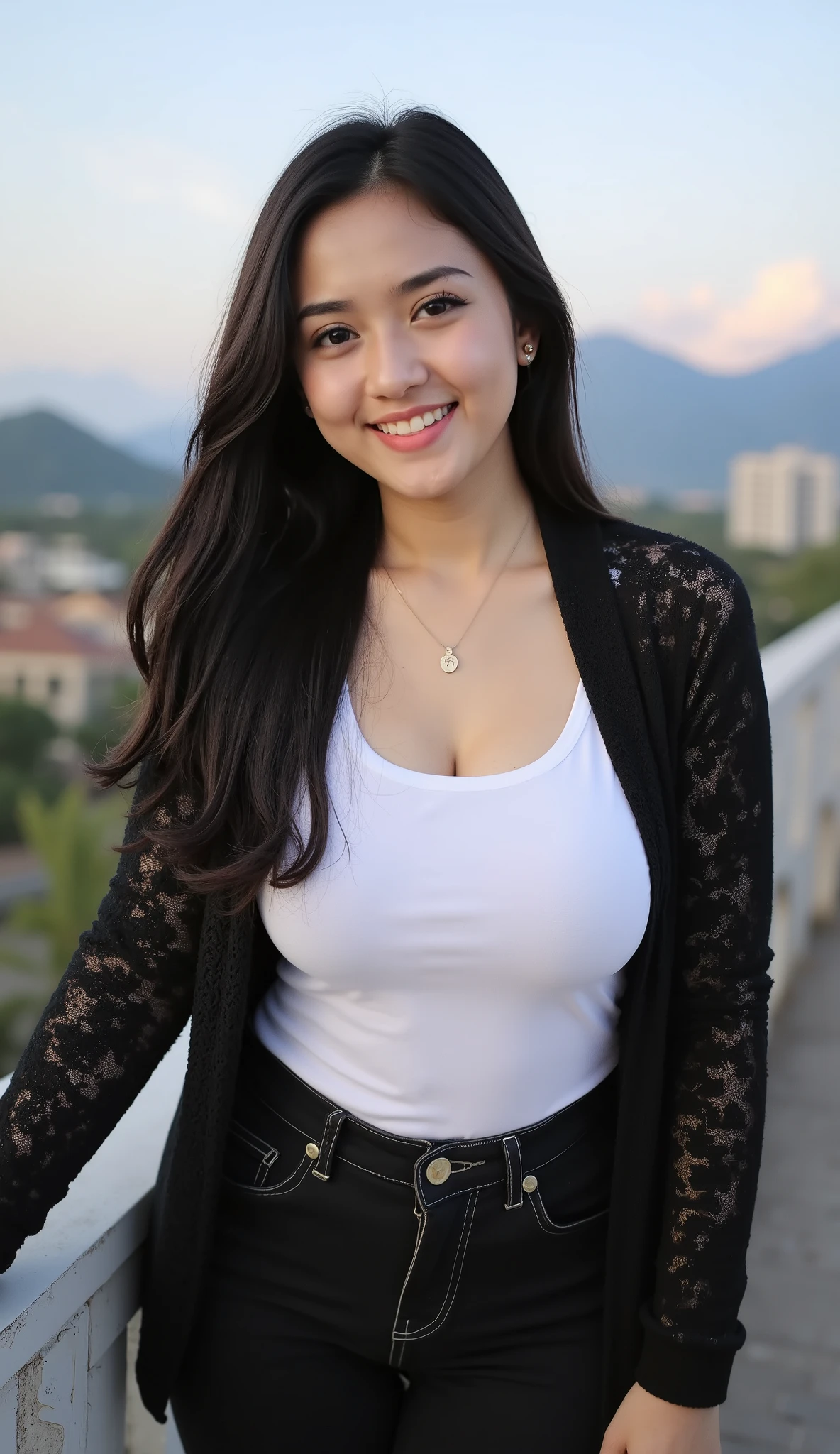 A beautiful indonesian female with long tangled hairstyle, 25 years old. indonesian face, highly detailed beautiful face and eyes, attractive face, charming face, Full body, chubby body, white skin, medium breasts, cleavage, anatomically correct, long tangled hair, black hair, hair covers ears. Wearing black jeans, white t-shirt and black cardigan, necklace. Background overlooking a beautiful mountains in afternoon, blue light in the sky. Standing on the edge of bridge, facing forward, look at viewer, smile showing teeth. Ultra detailed body, highly detailed appearance, hyper quality image. Highly detailed background. Hyper resolution. Ultra high realistic image. 16k. Ultra detailed