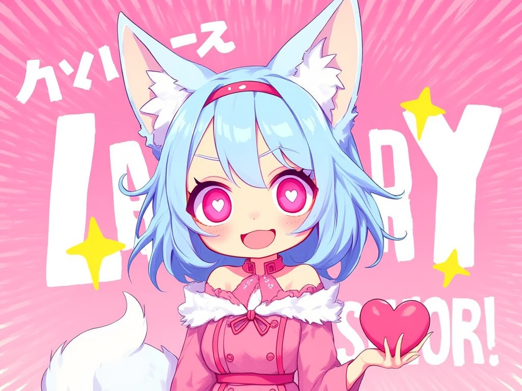 1 girl, Doll Fox Woman, Soft pink furry skin, Pink Heidi, Thick thighs, There is a long pink ribbon on the head, Pink heart-shaped pupils, Tight pink bikini,, Pink heart-shaped eyes