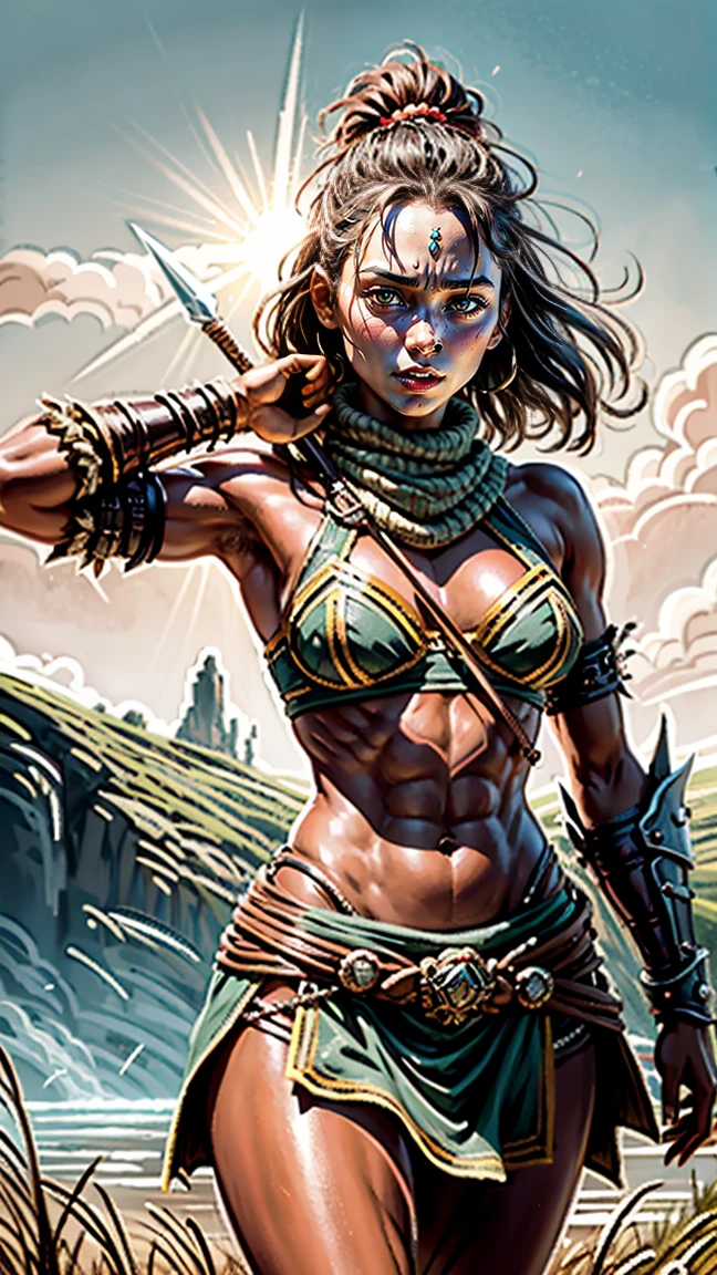 axe-spire dusty brown orange woman standing on the edge of horizon looking at the viewer, sci fi art style of the masters,