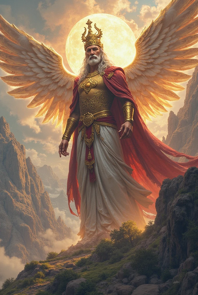 The majestic lord of the heavens, crowned with jewels, holding a staff of divine power, his presence a thunderous blend of authority and divine grace.