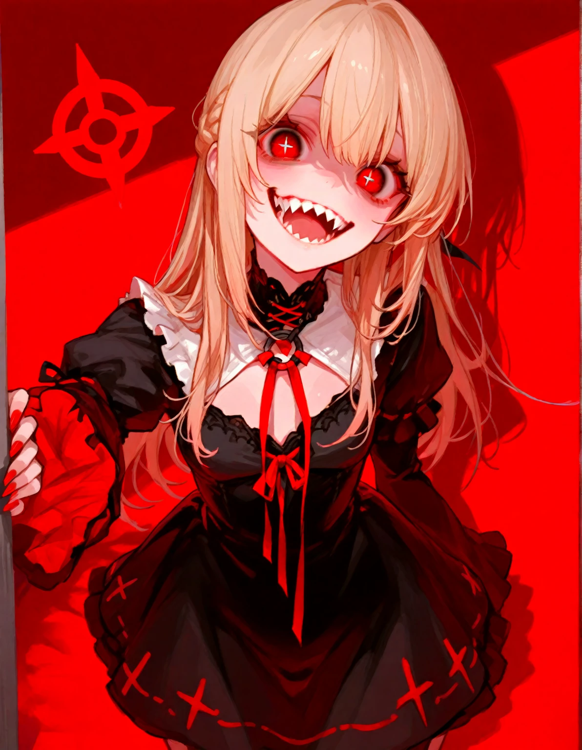 masterpiece, Highest quality, High resolution,(Highest quality,4K,High resolution,masterpiece:1.2),Very detailed,Realistic:1.37,masterpiece, Highest quality, Exquisitely crafted, woman, beautiful, elegant, smile, Blood, iridescent Long Hair, bangs, skirt, shirt, Long sleeve, Frills, shoes, (Red and Black:1.4), flower, spooky, Horror, 頭蓋Bones, Long Hair, Black Hair, Candles, Blood, hair flower, Dead, hair ornaments, Bone, doll, 頭蓋Bone, skeleton, Horror (theme),spooky altar background,Dark fantasy,Red color scheme,Ominous atmosphere,eyeを引く,Storytelling,anatomy,Anime Style,Concept Art,beautiful細部までこだわった顔と (((赤いeye ))),A terrifying ritual ,Satanic Ritual,Premature death,Misconduct,クレイジーなsmile,Scythe Face,Girl Monster, beautiful, Delicate facial features, 鋭いeye, Sharp Fangs, 青White skin, blonde,robot,Cursed Painting, Dark Background, Cinema Lighting, Dramatic Shadows, Gothic style, Gloomy atmosphere, Dark fantasy, One Girl, , Please open your mouth wide, Open your mouth and baring your teeth,Sharp teeth like a beast, Wide lips, very wide mouth, Vermilion cheeks, ,(Bloodしぶき:1.4),Scary smile, smile,Fallen angel design, ねじれたsmile、Bloodまみれの、頭からの出Blood,、Bloodしぶき、,(Bloodしぶき:1.4),Crossbones, 頭蓋Bone,Horror 一人の男の子, Cream colored hair, Gray Hair, Pearly hair, nice boy, Bunny ears, Loose-fitting clothing, Larger clothes, dark red eye, eyeの下のたるみ, dark circles under eye, やみcute, Fluffy hair, Voluminous Hair, skinny, slim, very skinny, Androgynous, cute, spooky, short hair, Horror, Faded colors, White skin, spooky, Unnaturally thin, I'm hungry, eye, eye in background, sharp eye, Long eyelashes, Under the eyelashes, Loose shorts, レースshirt, Frillsshirt, Tie the ribbon'head, Detailed clothing, A loose cardigan, Open cardigan, 滴るBlood, that'terrible, nightmare, Haunted, stitch, patchwork, string, Injury, hell, Injury on arms, self-harm, cut, Black Fingers, factory, Abandoned, A dismembered ghost,Many heads,Many heads,Lots of faces,Multiple faces,Multiple Girls,Frolicking Girl,複数のwoman,tea ,クレイジーなsmile,look up,Face shot,Scythe Face,Girl Monster, slave,beautiful, Detailed portrait, Delicate facial features, 鋭いeye, Sharp Fangs, 青White skin, Thick chain, Dark Background, Cinema Lighting, Dramatic Shadows, Gothic style, Gloomy atmosphere, Dark fantasy, One Girl, , Please open your mouth wide, Open your mouth and baring your teeth,Sharp teeth like a beast, Wide lips, very wide mouth, Vermilion cheeks, ,(Bloodしぶき:1.6),Scary face, Laughter Witch design, ねじれたsmile、Bloodまみれの、頭からの出Blood,,、Bloodしぶき、,(Bloodしぶき:1.6),Crossbones, 頭蓋Bone, , Horrorスタイル, ((Fantasy Witch Costume)), ((Flowing white hair)), ,(Bloodしぶき:1.6),womanの曲線, Large Breasts, Thick thighs, Sexy flat stomach, Perfect hands, Perfect anime face, ((dark lolita dress)), Are standing, ((邪悪なsmile)), ,(Bloodしぶき:1.6),Victorian cities, gaslight, Steam circulates, Moonlight Illumination, night lighting, A sky filled with stars and galaxies,disaster々new devil horns,,(Bloodしぶき:1.6),アニメゾンビWitch design, ねじれたsmile、Bloodまみれの、頭からの出Blood,,、Bloodしぶき、,(Bloodしぶき:1.6),Crossbones, 頭蓋Bone,,Photo Background,Wide Shot,Scythe Face,Girl Monster, slave,beautiful, Detailed portrait, Delicate facial features, 鋭いeye, Sharp Fangs, 青White skin, Thick chain, Dark Background, Cinema Lighting, Dramatic Shadows, Gothic style, Gloomy atmosphere, Dark fantasy, One Girl, , Please open your mouth wide, Open your mouth and baring your teeth,Sharp teeth like a beast, Wide lips, very wide mouth, Vermilion cheeks, ,(Bloodしぶき:1.6),Scary face, Laughter Witch design, ねじれたsmile、Bloodまみれの、頭からの出Blood,,、Bloodしぶき、,(Bloodしぶき:1.6),Crossbones, 頭蓋Bone, , Horrorスタイル,