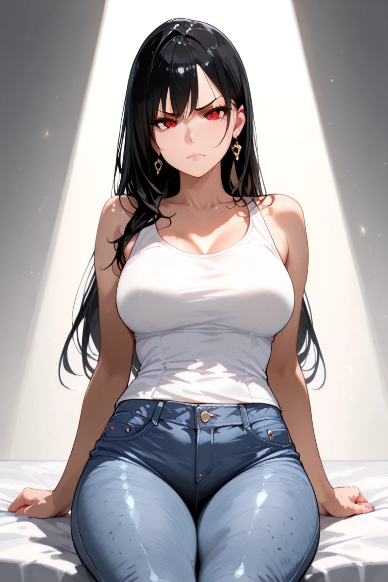 super fine illustration, vibrant colors, masterpiece, sharp focus, best quality, depth of field, cinematic lighting, ultra detailed, sleeves, crop top, t-shirt, short pants, drawstring, belly button, wide hips, 1 woman, home, solo, milf, very messy hair, dark color hair, long hair, slender, blush, room, indoors, angry, mature female, tall woman, tied hair