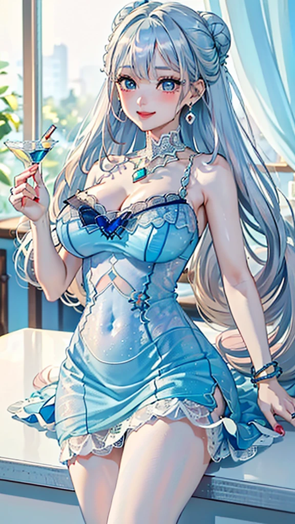 1girl, alcohol, backless dress, backless outfit, bangs, bare shoulders, deep blue hair, blue nails, blush, champagne flute, cleavage, collarbone, cup, dress, drinking glass, evening gown, glittery dress, hair between eyes, visible, Halter Neck Chiffon Dress, holding, holding cup, jewelry, huge breasts, looking at viewer, nail polish, necklace, parted lips, green eyes, plunging neckline, revealing clothes, side ponytail, sidelocks, translucent silver dress, solo, fashi-girl, upper body, (masterpiece:1.4),(best quality:1.4),[[realistic]],(shiny skin)