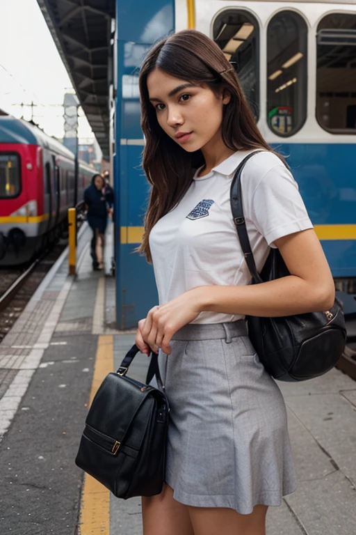 Woman, beauty presenter, long brown hair, straight hair, brown eyes, high quality, sexy pose, (polo shirt), soft breasts, (pleated miniskirt) beautiful perfect body). in modern subway