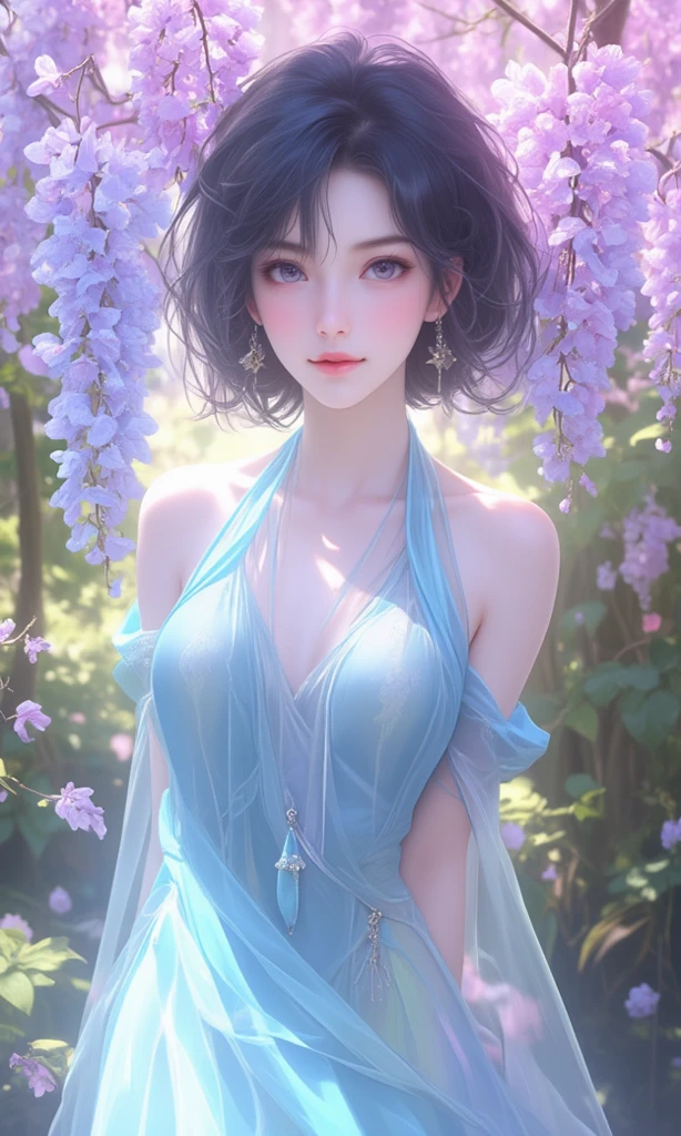 (best quality,4k,8k,highres,masterpiece:1.2),ultra-detailed,(realistic,photorealistic,photo-realistic:1.37),long,straight hair,dark and shiny,flowing in the wind,perfectly styled,gorgeous brunette,beautiful detailed eyes,beautiful detailed lips,soft facial features,feminine,subtle makeup,confident expression,natural light,serene garden setting,flowers in bloom,lush green foliage,colorful butterflies dancing in the air,sunshine filtering through the trees,faint scent of flowers,peaceful and tranquil atmosphere,gorgeous dress flowing with the wind,graceful posture,looking off into the distance,inner beauty radiating from within