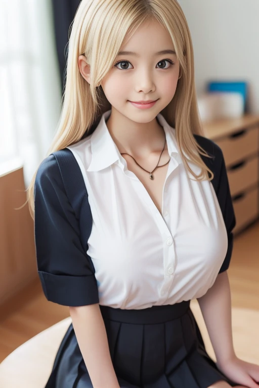1 Girl, masterpiece,Bright, girl sitting on her knees in class, in office skirt, Slender legs, short hair braided, blonde hair, Large thighs, big breasts, the skirt is lifted up and panties are visible, Beautiful face,