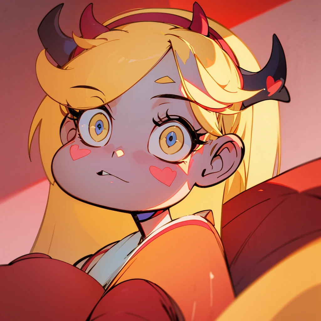 masterpiece, best quality, 1girl, looking at viewer, close up face, hollow eyes,
star butterfly, blonde hair, blue eyes, (facial mark:1.2), fake horns, hairband, (heart cheeks:1.1), horned headwear, long hair, <lora:my_StarButterfly_v1:0.5>
agnizzm, <lora:Agniface-000024:0.9>