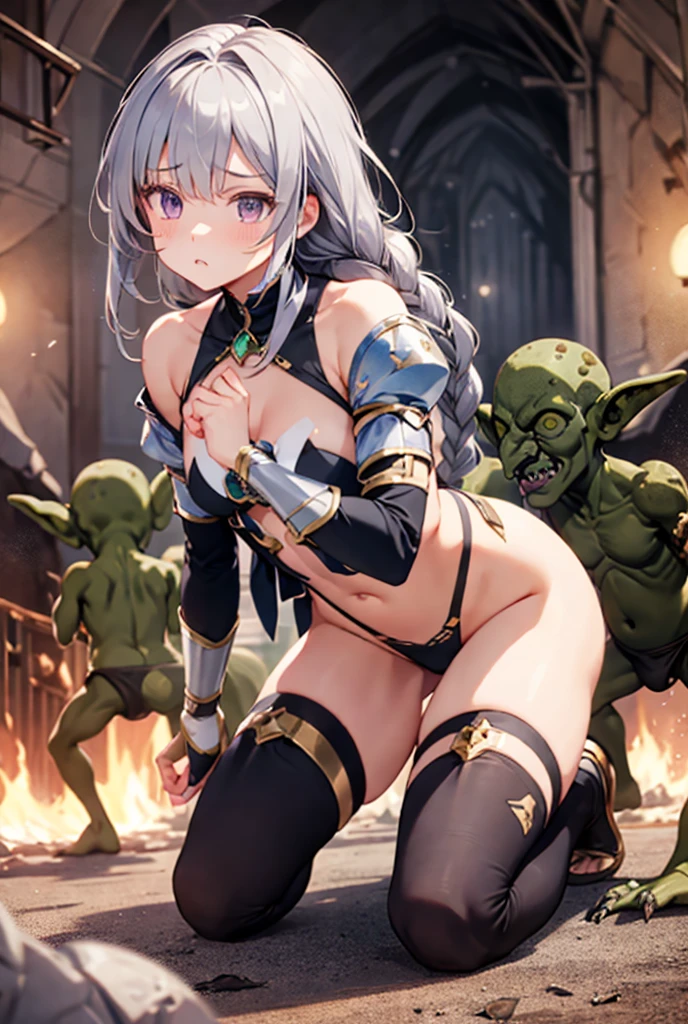 A female medieval fantasy adventurer, wounded, scared face, badly torn-damaged clothes, full body, defeated , tears, cum, full body, in tavern, surrounded by goblins, armor, teared clothes, missionary sex, bare breast