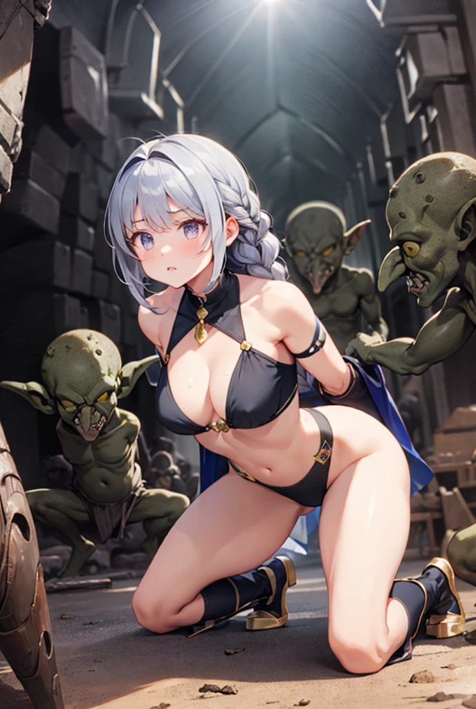 (Ultra HD, Highest quality, High resolution, Hyperrealistic, super beautiful), 24000dpi, One beautiful woman, high school girl, Long Ponytail, Well-formed eyes, be scared, screamをあげる, cry, 18-year-old, Alluring, Completely American, perfect body, Physical Beauty, scream, cry, ((Japanese Sailor Suit:1.5, Pleated mini skirt)), Absurd, ((nsfw)), (((Anatomically correct1.3))), (((Four baby goblins are touching her body.:1.4, Goblin puts his head inside the skirt, Torn clothes))), Humiliation, humiliation, JK Raper, whole body,Outdoor, in the forest, Dark Night