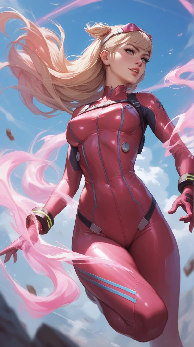 **"A detailed and dynamic illustration of a female superhero in a white and pink spandex bodysuit, inspired by the Marvel Universe. The character has an athletic and curvy physique, with a narrow waist and highlighted features such as glossy lips and defined muscles. She wears a tight, white and pink jumpsuit with a half-face mask, showcasing her ponytail with blonde hair and pink eyes. She is in an action pose, wielding two Uzis in her hands while katanas are strapped behind her back. The scene is set in a combat environment, with flying bullets, enemy blood, and a powerful expression on her face. The image should be rendered in 4K quality, capturing the intricate details of her outfit, weapons, and the dynamic atmosphere of the battle."**