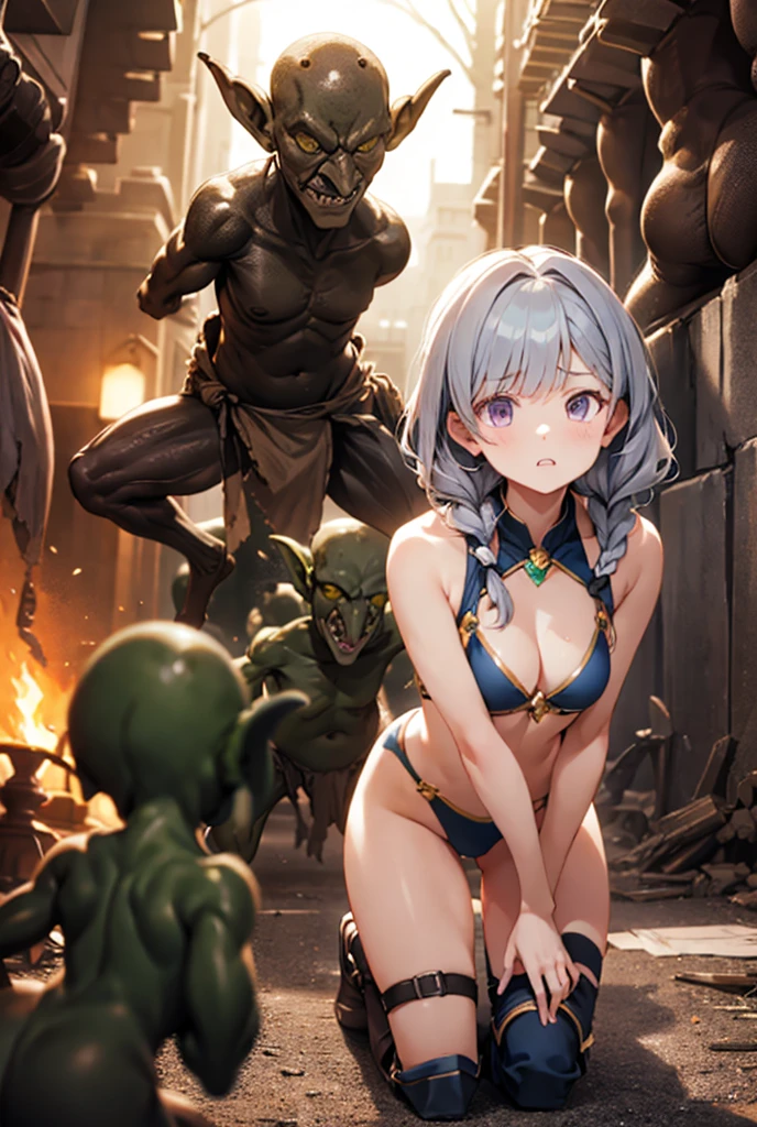 A female knight, wounded, scared face, badly torn-damaged clothes, almost naked, equipment around her, full body, defeated, bare chest , tears, cum, , laying, full body, after rape, , cum dripping from vagina, in tent, surrounded by goblins, metal armor