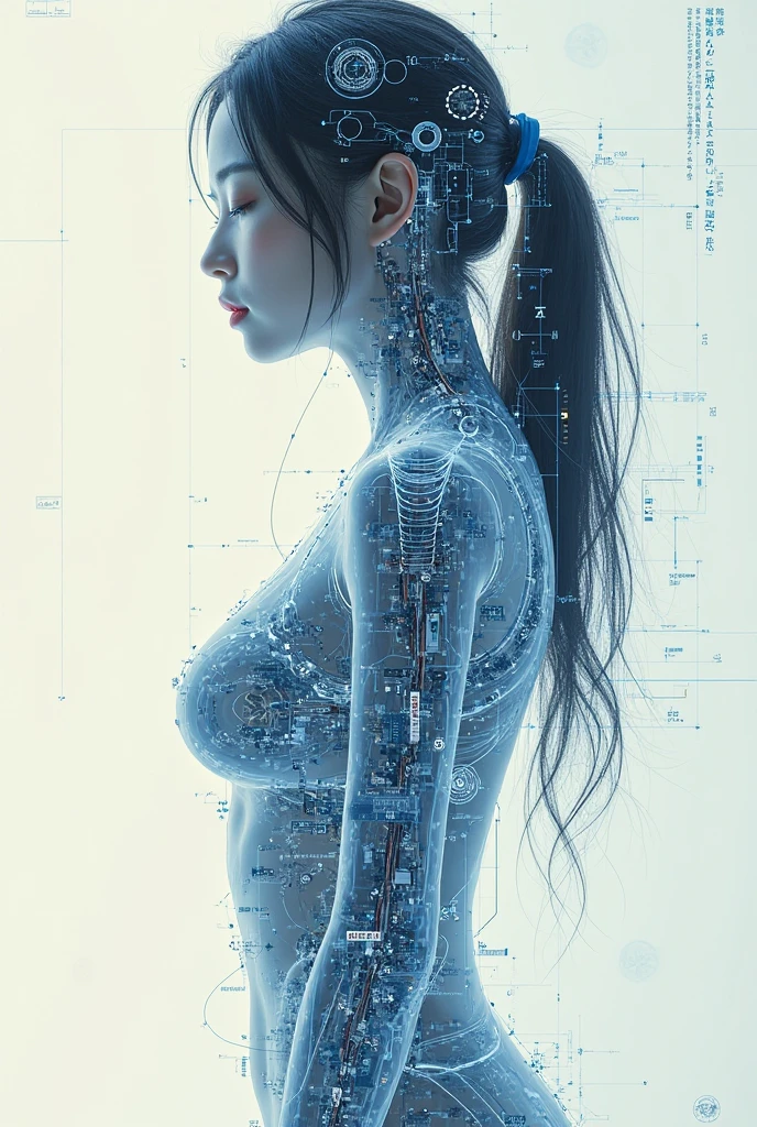 (masterpiece:1.2,Exceptional Quality,mirror-like,Cinematic Experience,Photorealistic:2.0,RAW Photos:2.0,Super detailed),8k,wallpaper,(Representing blueprints through holograms:2.0),(Beautiful woman:2.0),Female Cyborg,(Design of a Female Cyborg:2.0),(Draw the back view:2.0),(Avant-garde design:2.0),(Drawing detailed blueprints:2.0),(Numerous notes about the settings:2.0),(Beautiful Face,Beautiful Eyes,Beautiful Hair)