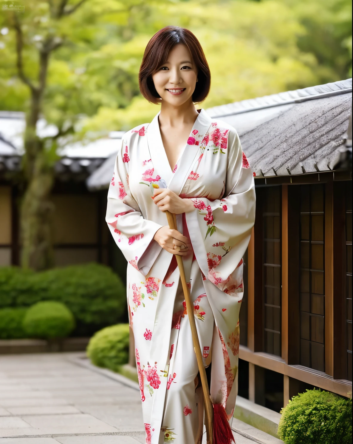 (Highest Quality,masterpiece,super high res at the bank 1.3),(photo realistic1.3),smile,(40 year old Japanese mature woman 2.0,married woman 2.0),plump and healthy,big breasts,(Floral kimono Clean the garden of the flower-patterned,object),Japanese style ryokan landlady,Kimono hairstyle,ryokan with a broom,full body