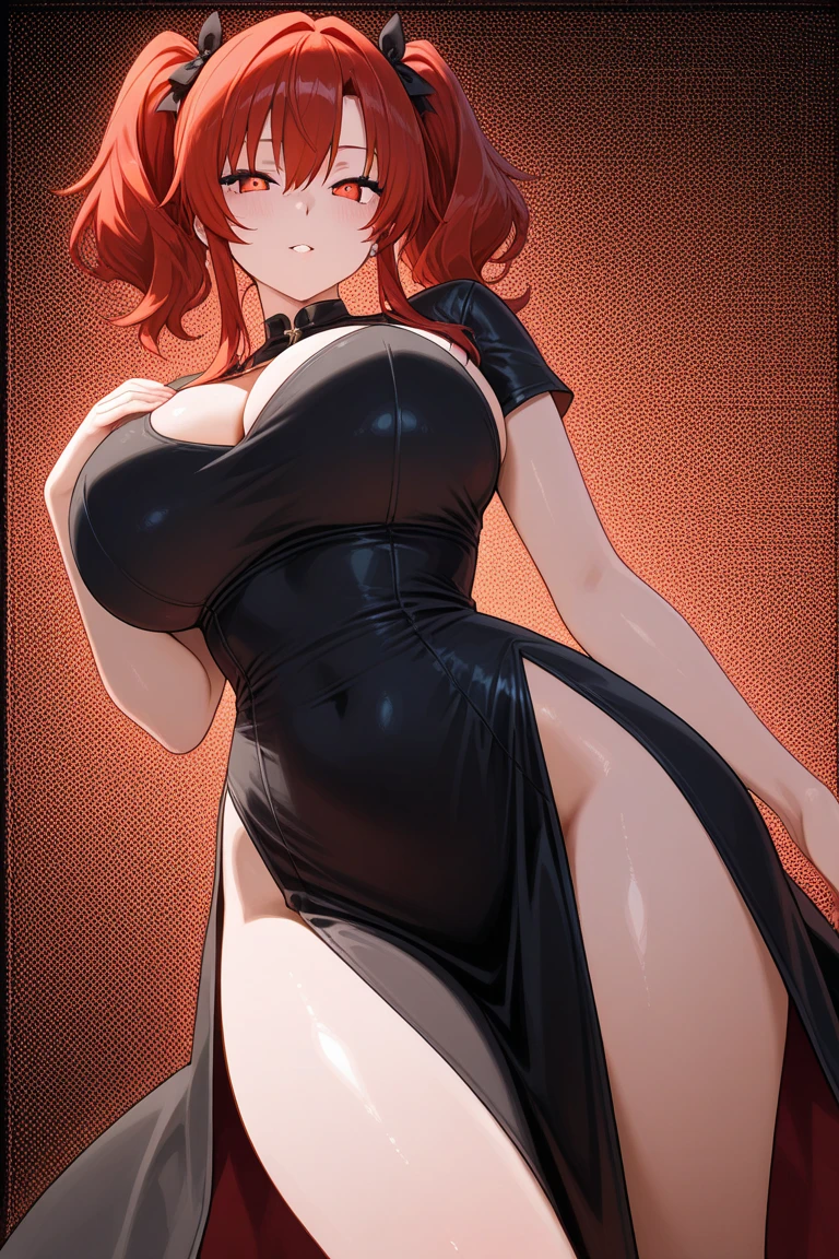 1 girl,(solo), (masterpiece:1.2), (high quality:1.0),looking at viewer, (ultra detailed),smile,short orange hair, green eyes, Gwen Tennyson, off shoulder dress, (thick tights:1.3) (big breasts:1.3)