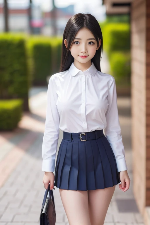 masterpiece, Highest quality, 8k, Young and beautiful girl, 、Clothed small breasts、((((I can see your chest))))((((((10 years Small breasts:1.3)), photo shoot, Cute Face, Thighs,、smile, 10 generations, Detailed face, Background blur、Long Hair、Black Hair、Small breasts、Tight waist,(((((Small breasts))))mini skirt((White collared shirt))mini skirt、Navy Pleated Skirt、high school girl、necklace